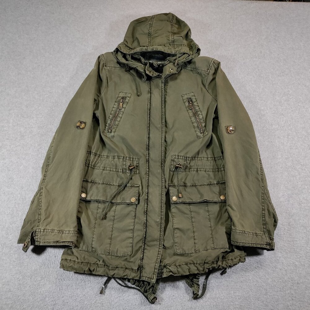 Levis Jacket Womens M Army Green Utility Zip-up Removeable Hood Roll Tab Sleeves